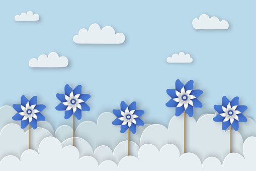 Blue pinwheel garden in clouds for Child Abuse Prevention Month