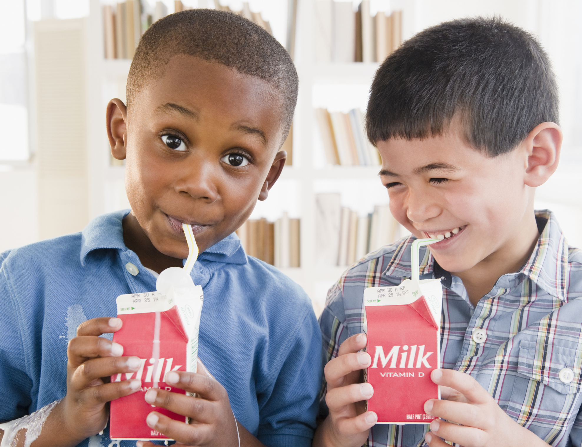 Two children drinking cartons of milk.