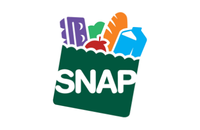 The logo for SNAP, featuring a colorful grocery bagged filled with food.