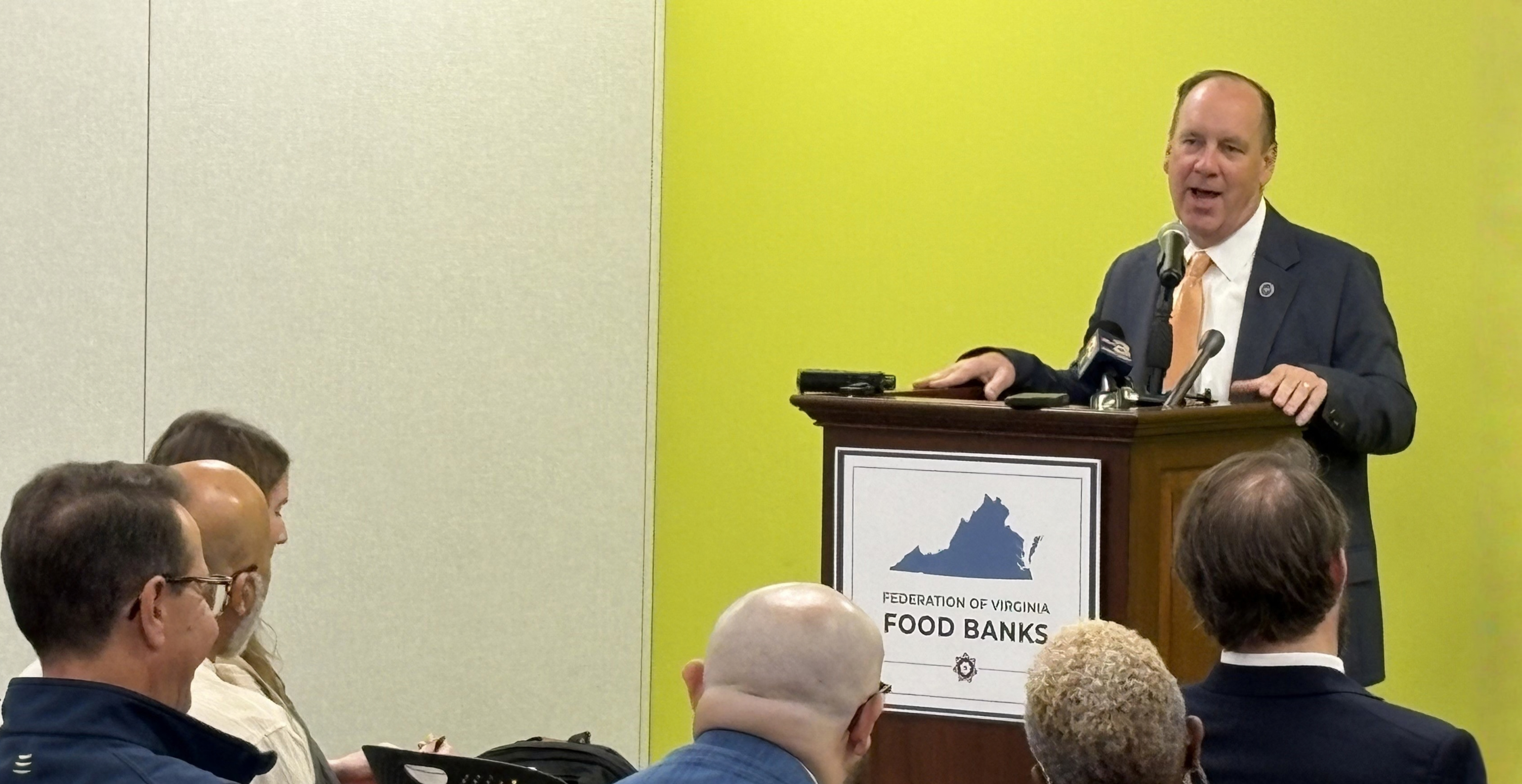 A photograph of VDSS Commissioner Duke Storen speaking about the 2026 Virginia Hunger Study.