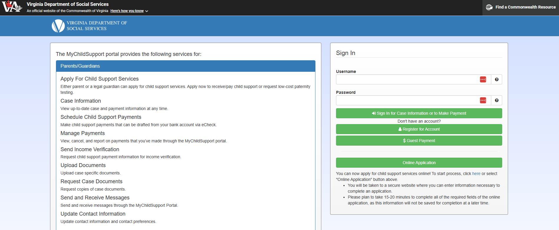 The Virginia Department of Social Services' MyChildSupport website.